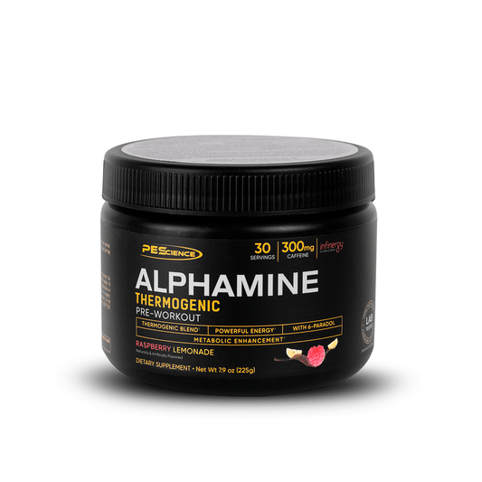 Alphamine 225 Gr - 30 servicios de PEScience, pre-entrenamiento sabor limonada de frambuesa para energía potente.
