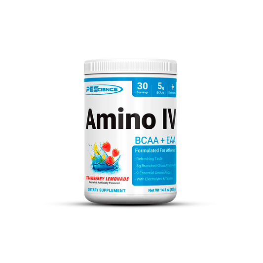 Amino IV de 405 Gr en sabor limonada de fresa, ideal para atletas con 30 porciones y 5 g de BCAA.