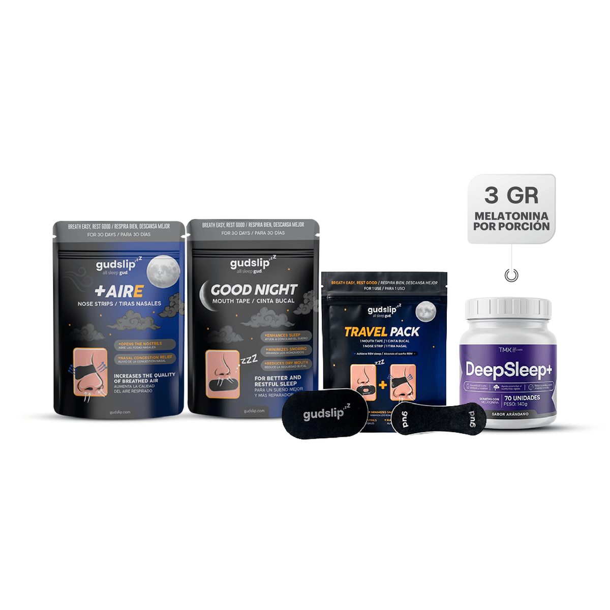 Tiras Nasales Gudslip 30 unidades + Cinta Bucal con Apertura Gudslip 30 unidades + Pack de Viaje Gudslip + DEEP SLEEP+