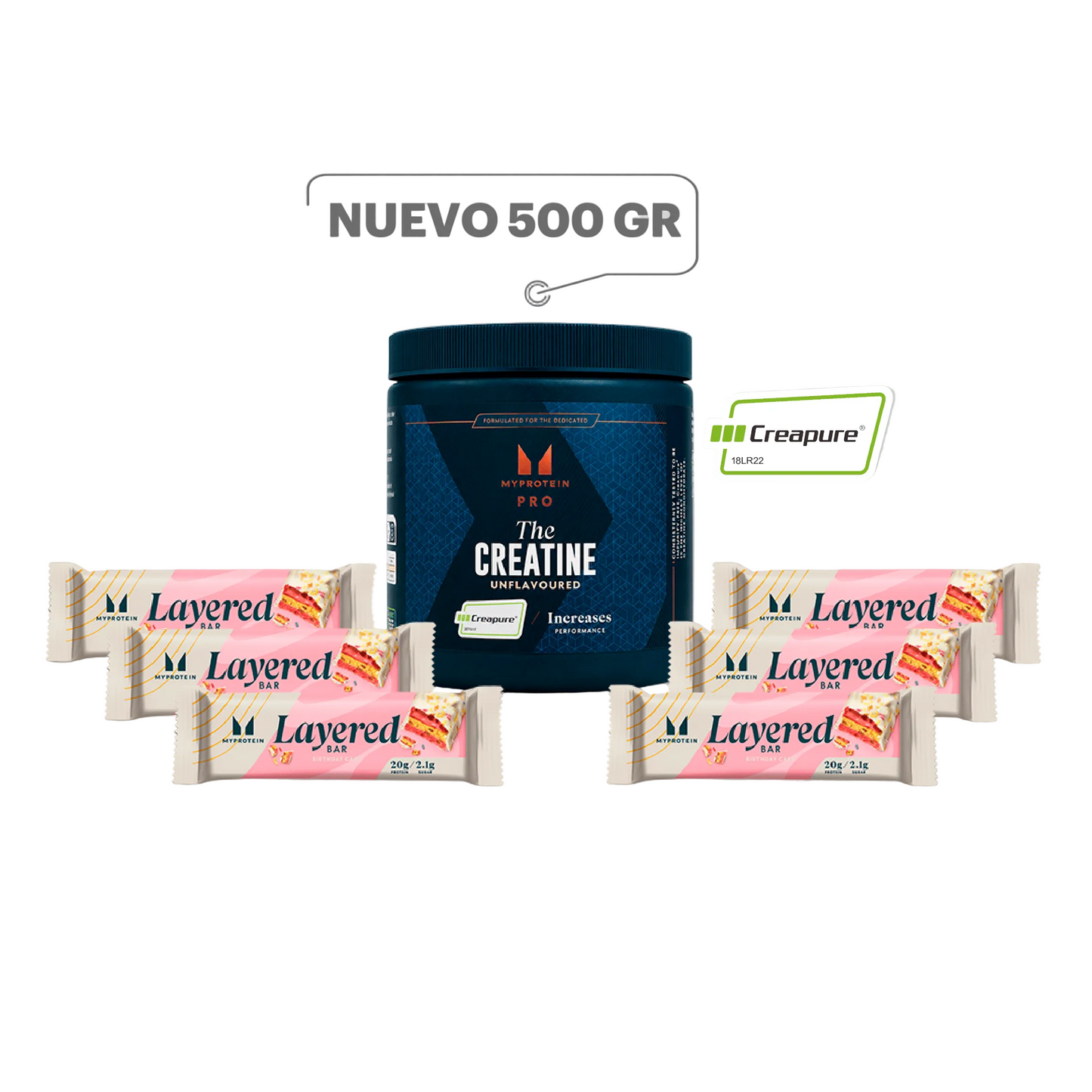 Creatina Creapure 500g + 6 Barras de proteína Layered Vainilla 20g