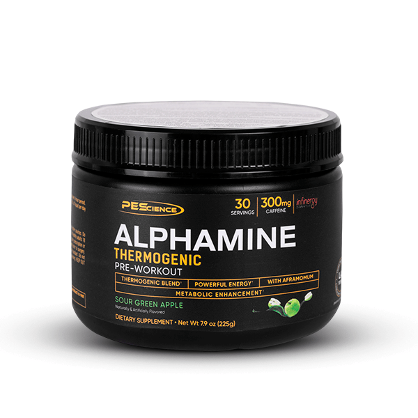 Alphamine 225 Gr - 30 servicios de PEScience, potente pre-entrenamiento sabor manzana verde agria.