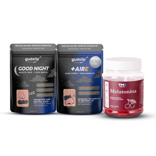 Tiras Nasales Gudslip Pack 30 unid + Melatonina 70 Serv + Cintas Bucales Pack de 30 Gudslip
