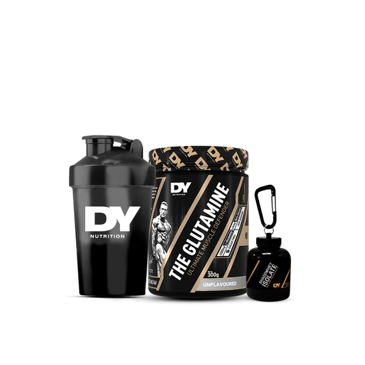 PROMO CYBER: Glutamina 300 Gr DY + Shaker 400ML DY + LLAVERO PORTA PROTEINA