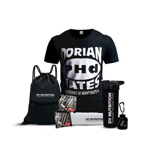 KIT DORIAN: Bolso Deportivo DY + Shaker 700 ml DY + Polo PHD + Llavero DY + 2 Und samples B&G+ Toalla DY