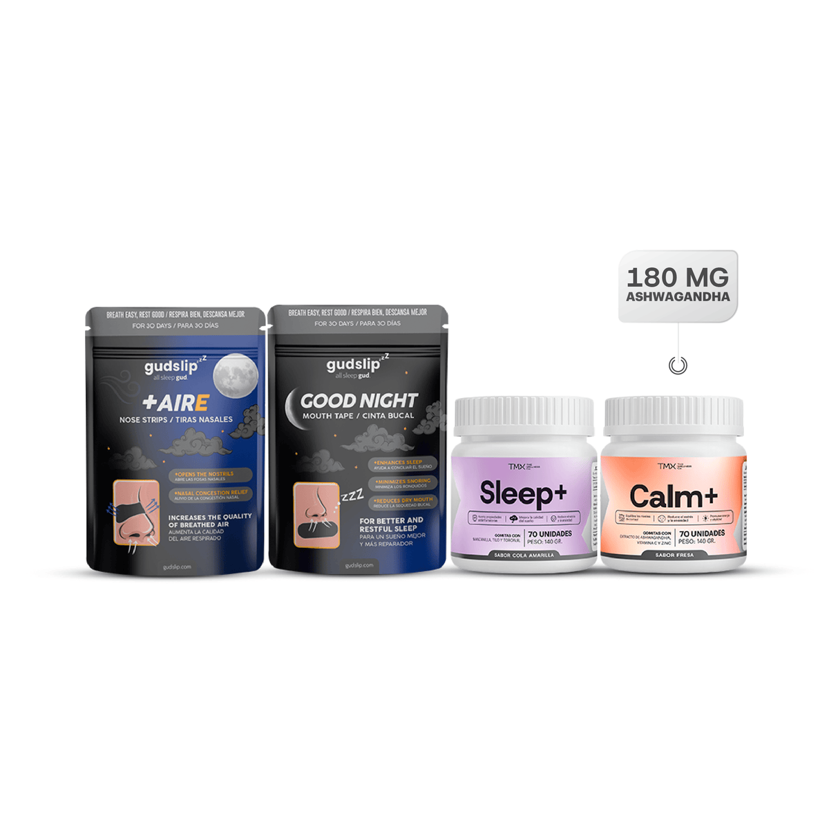 Tiras Nasales Gudslip 30 und + Cinta Bucal Gudslip 30 und + Gomitas Sleep + Gomitas Calm