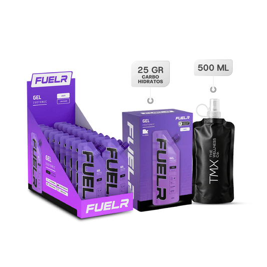 FuelR Isotonic Gel Uva caja x20 + FuelR Isotonic Gel Uva caja x6 + Soft Flask TMX 500 ml