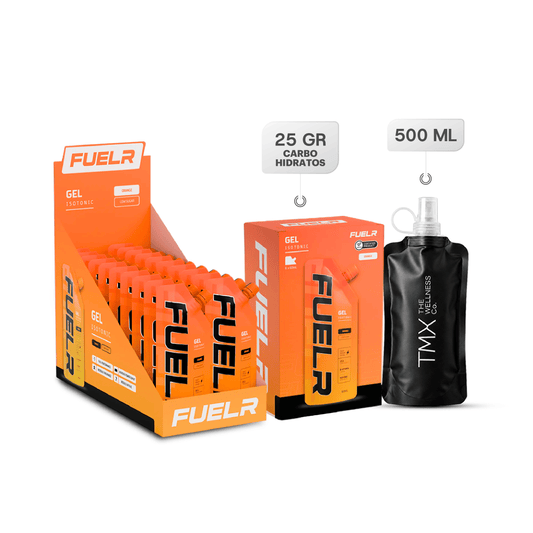 FuelR Isotonic Gel Naranja caja x20 + FuelR Isotonic Gel Naranja caja x6 + Soft Flask 500 ml