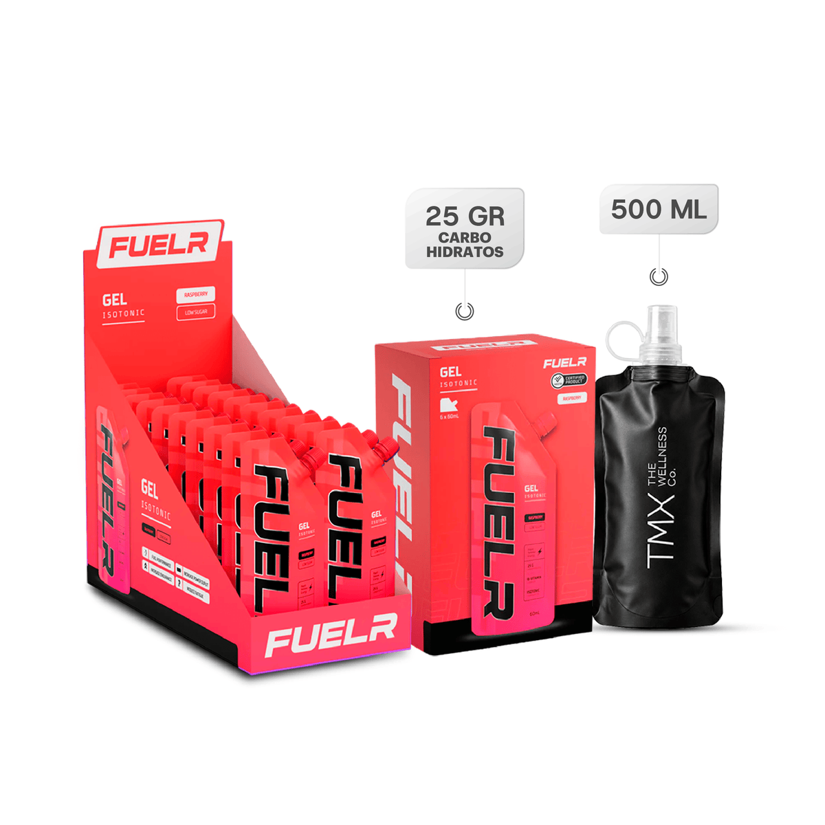 FuelR Isotonic Gel Frambuesa caja x20 + Isotonic Gel Frambuesa caja x6 + Soft Flask 500ml