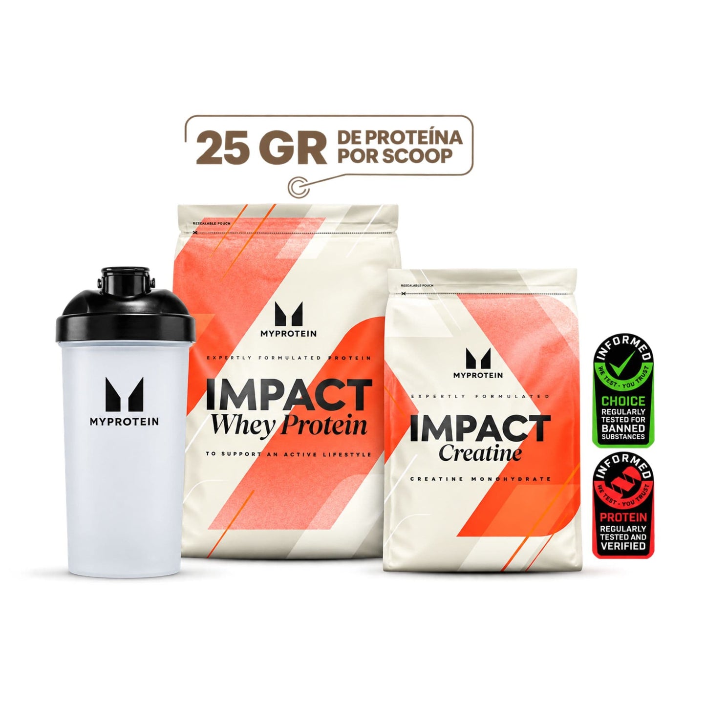 Pack fuerza: Impact Whey Protein Chocolate 2.5kg + creatina 250gr Mp + Shaker 600ml Mp