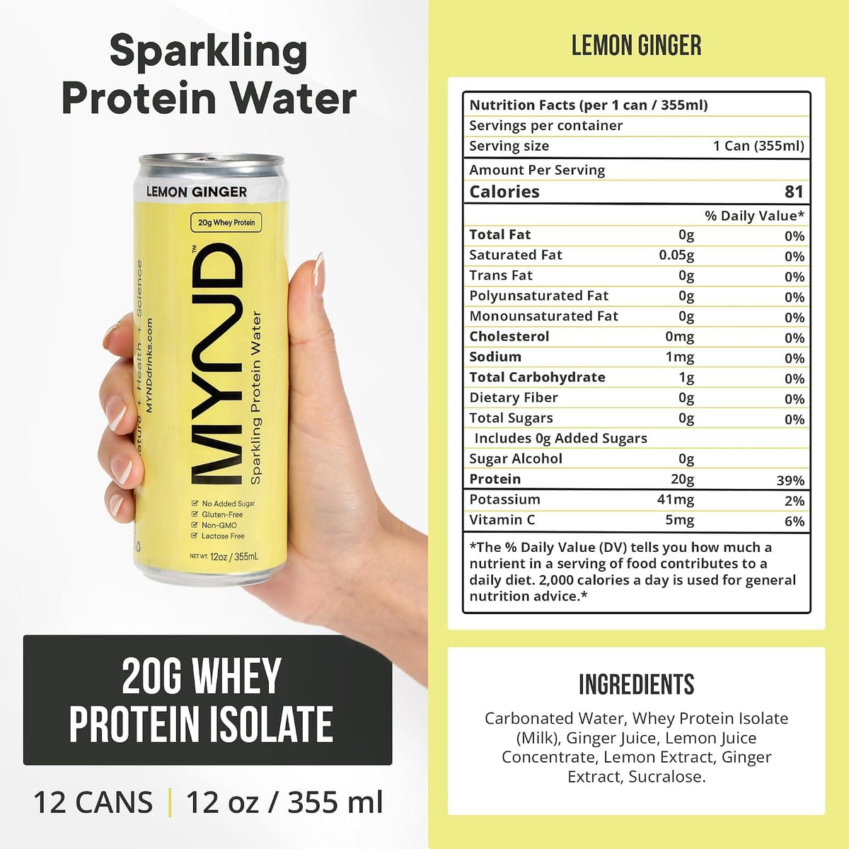 Pack 12 Latas de proteína espumosa Mynd Limón Ginger