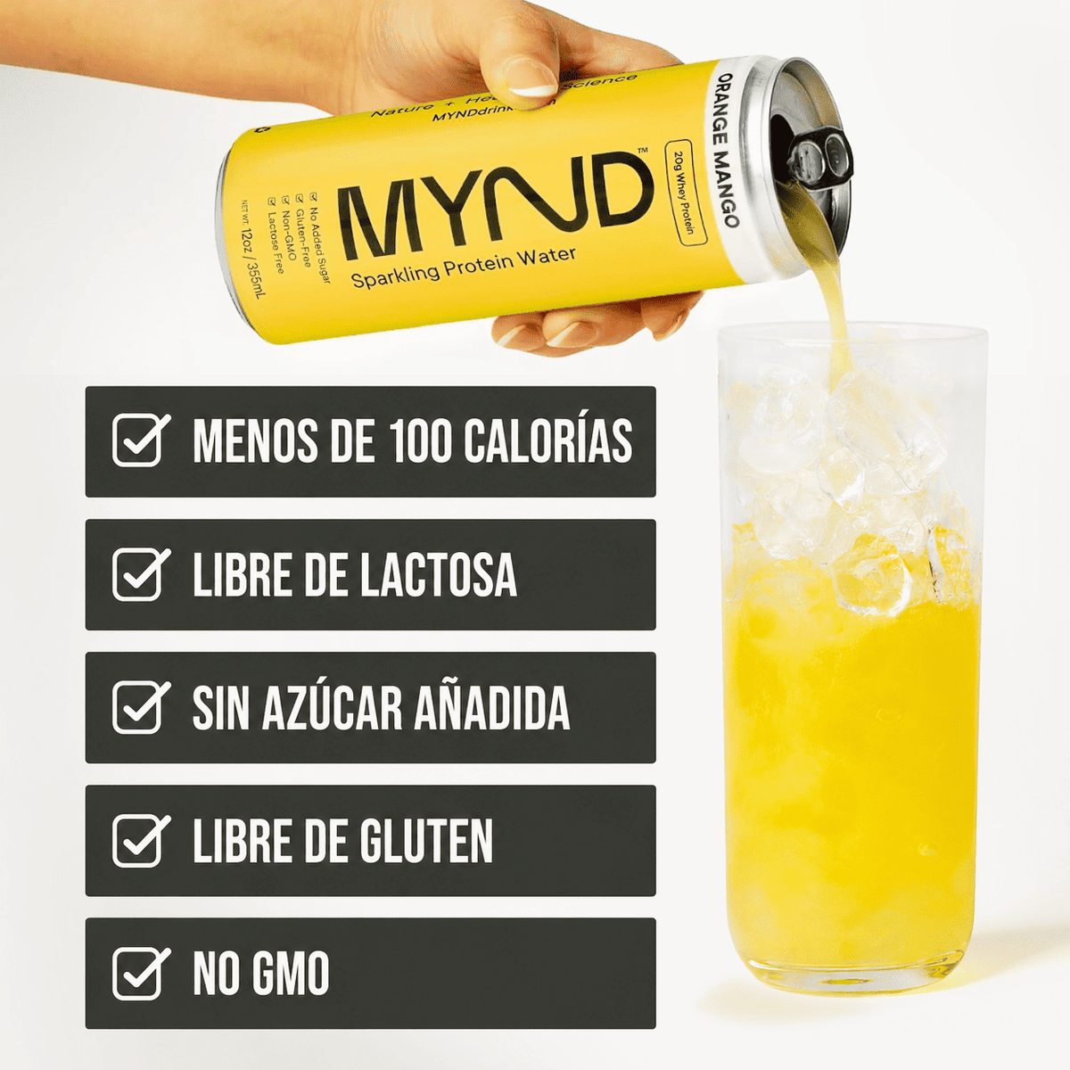 Pack 12 Latas de proteína espumosa Mynd Mango naranja