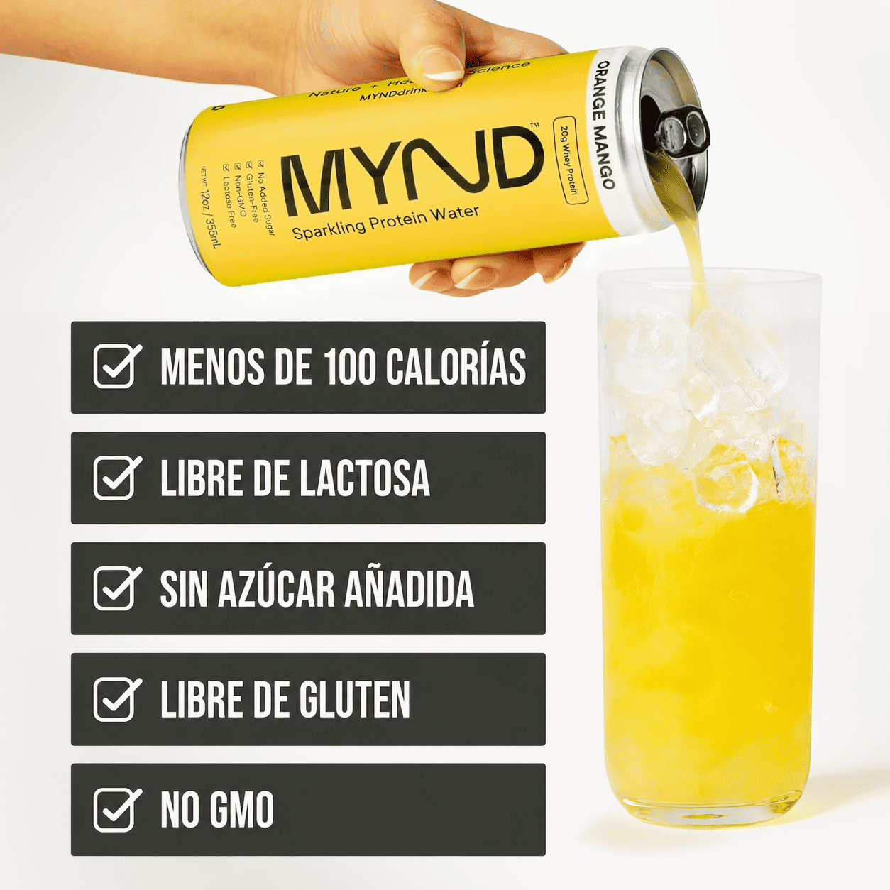 Pack 12 Latas de proteína espumosa Mynd Mango naranja