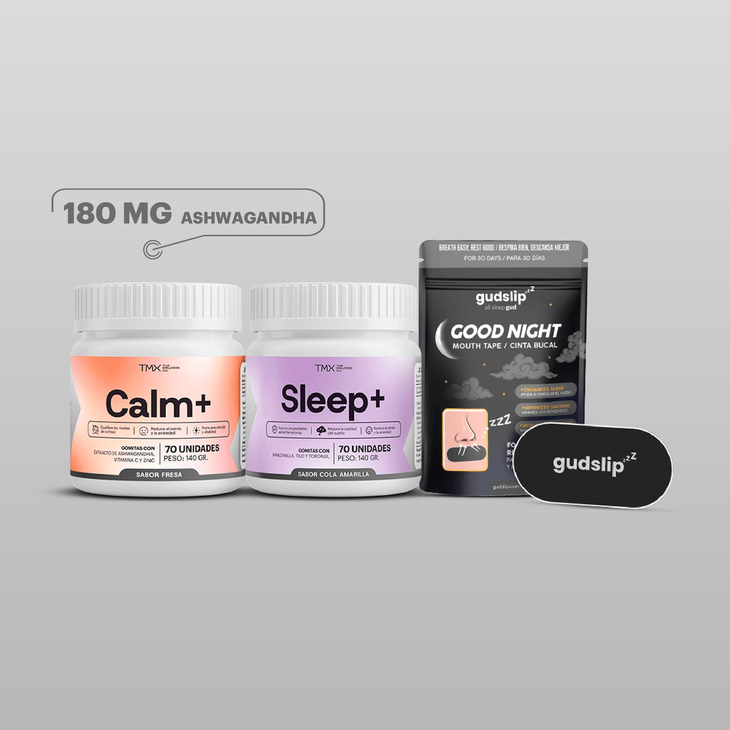 Papá Recuperación Nocturna: Gomitas Calm fresa + Gomitas Sleep Cola + Cinta Bucal Gudslip 30und