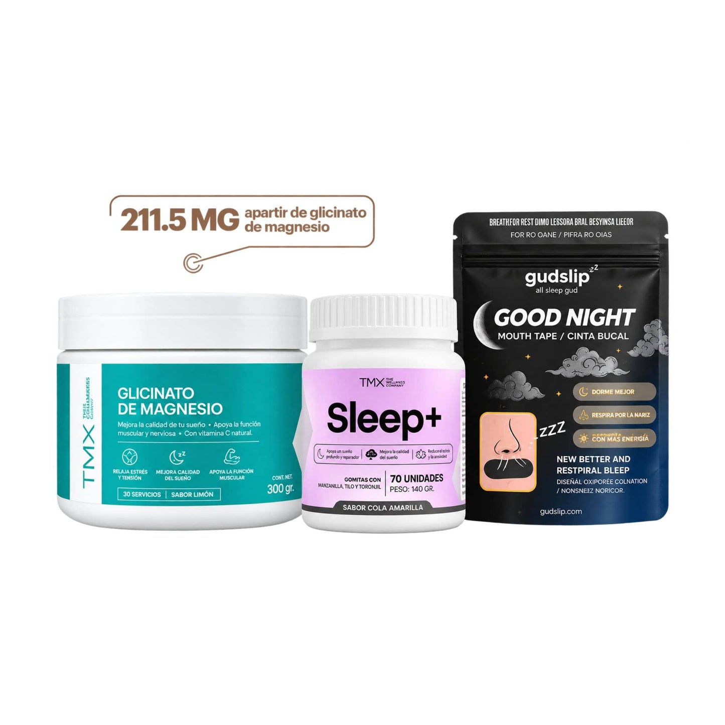 Sleep Reset: Sleep+ + Glicinato de Magnesio 300gr + Cinta Bucal
