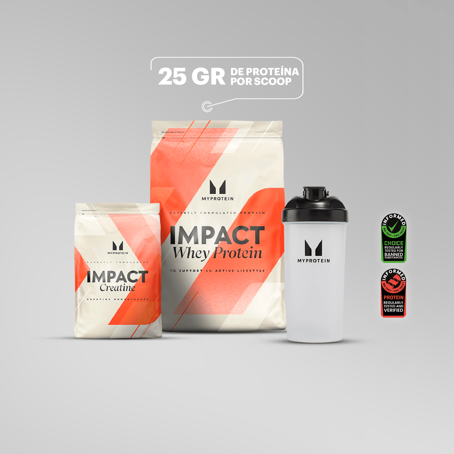 Pack Fuerza y Volúmen: Impact Whey  2.5kg + Creatina 250gr + Shaker 600ml