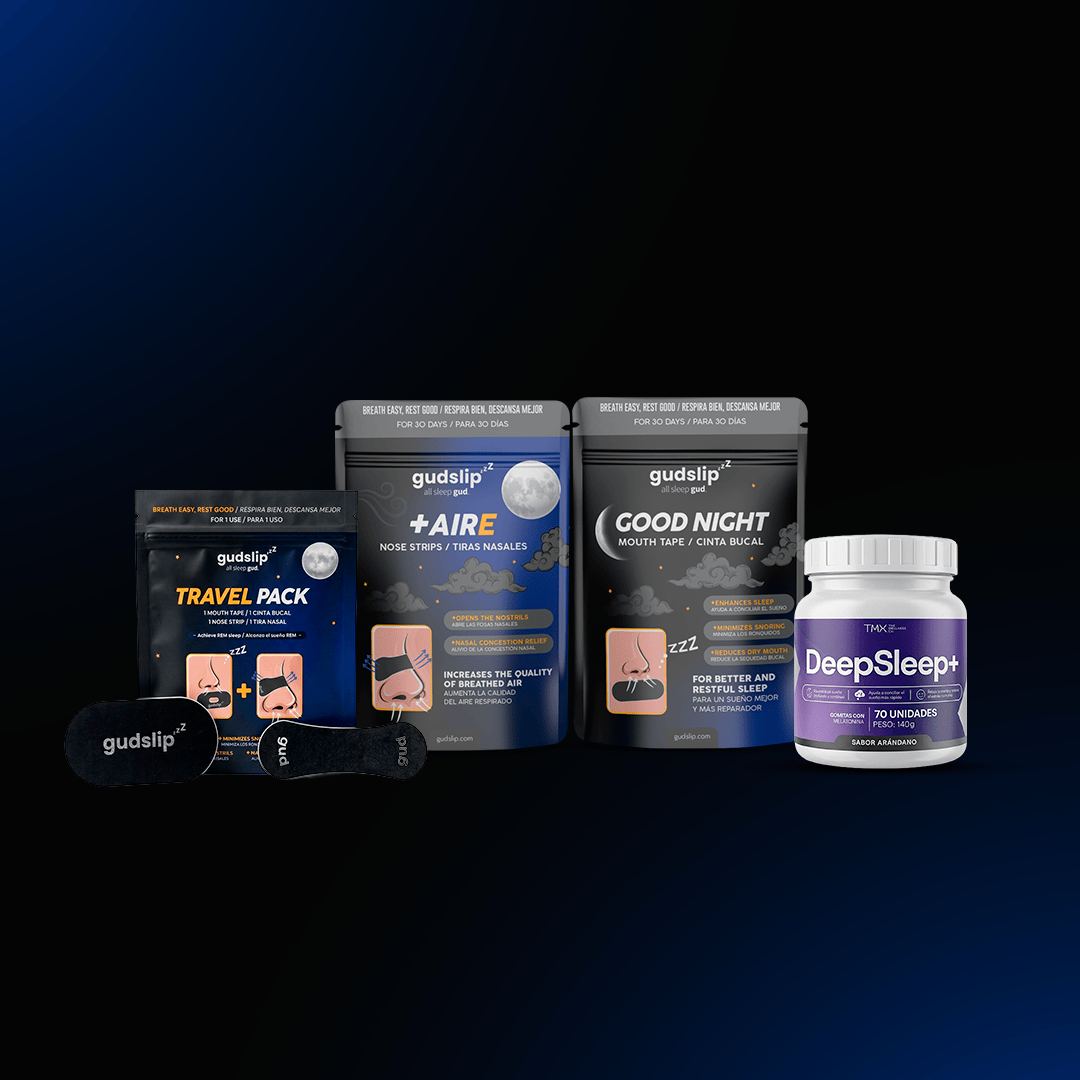 Tiras Nasales 30u + Cinta Bucal con Apertura 30u + Pack de Viaje Gudslip + Gomitas DeepSleep+