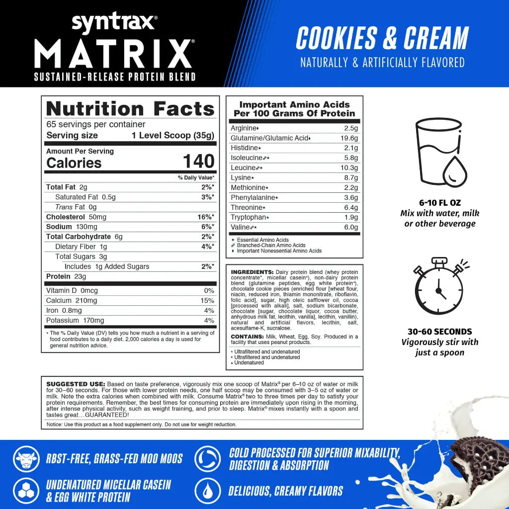 Información nutricional Matrix Cookies & Cream 5 LB