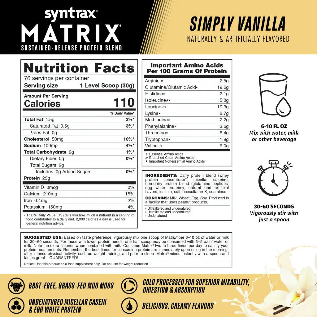 Información nutricional Matrix Simply Vanilla 5 LB