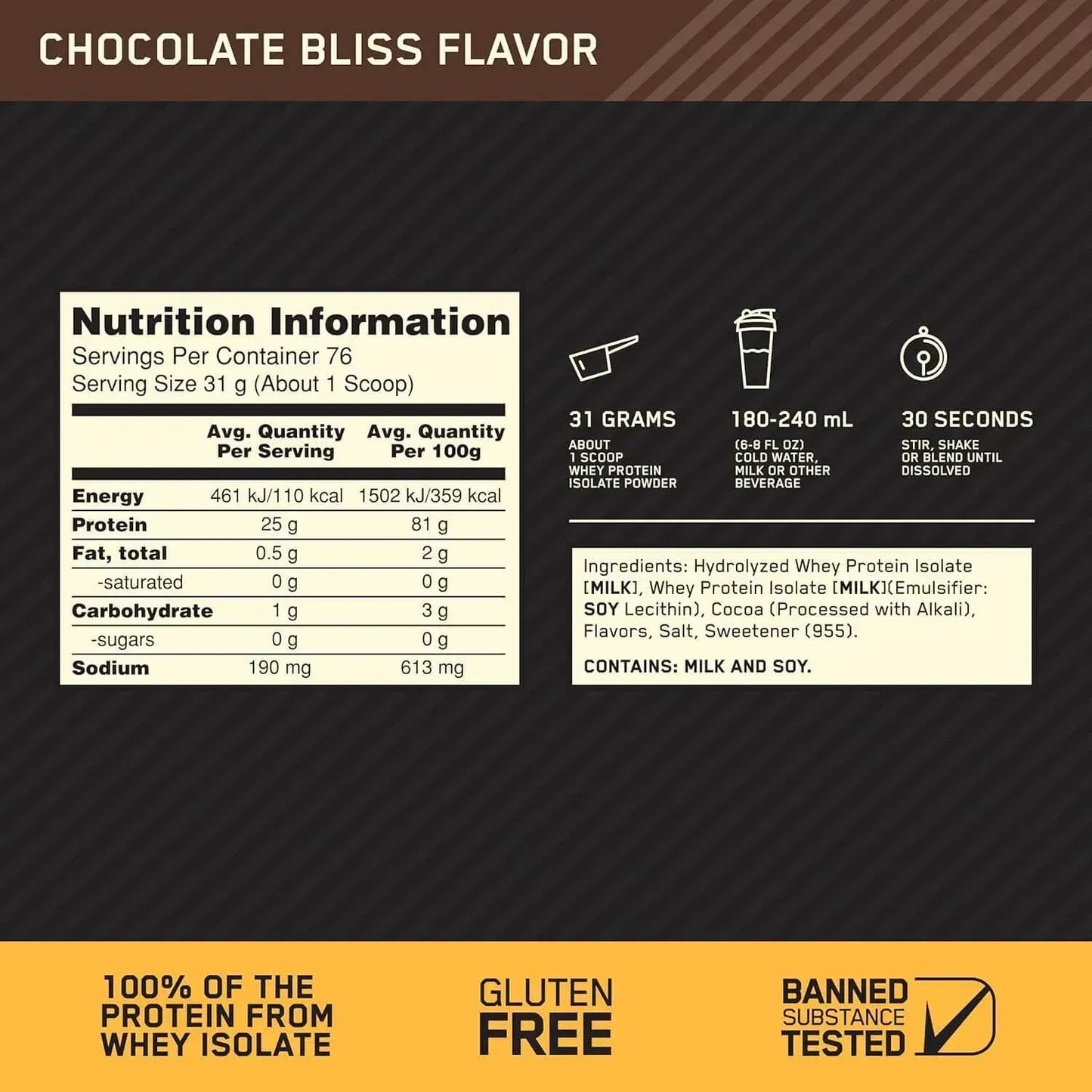 Proteína Gold Standard 100% Isolate Chocolate 5LB - información nutricional